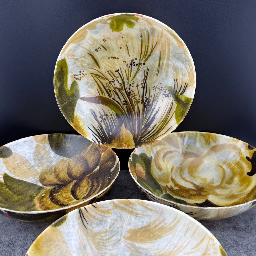 Lot of Four (4) Vintage MCM Small Salad Bowls Fiberglass Floral 6.5” x 2” Brown